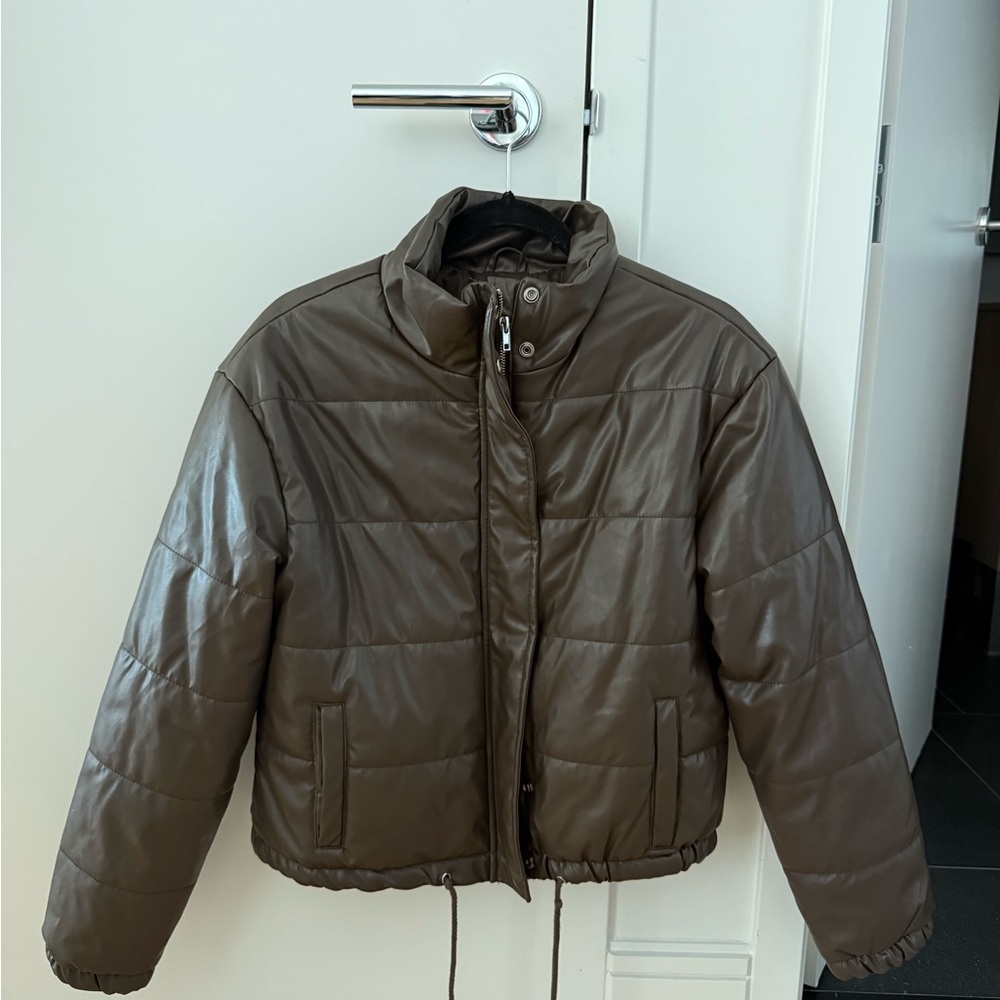 Brown Faux-Leather Puffer Jacket